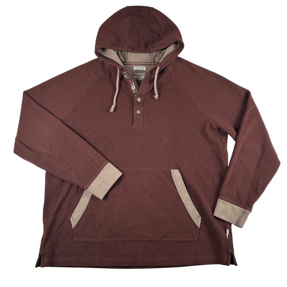 Duluth Trading Co. Hoodie Mens Large Brown Henley Sweatshirt Kangaroo Pocket